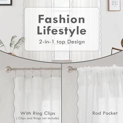 DriftAway Semi Sheer Scalloped Edge White Coastal Beach Window Curtains for Living Room Bedroom 2 Panels Rod Pocket Each Size 52 Inch by 63 Inch Gray - color: White Gray, size: 52"W x 63"L (Pack of 2)