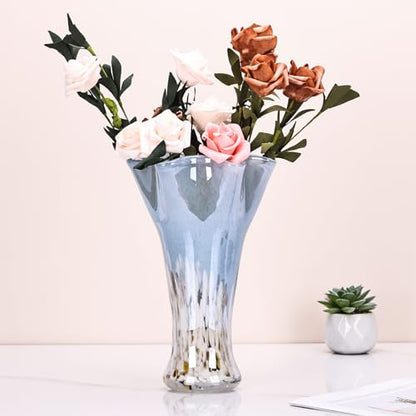 9.0" H Blue White Glass Vases for Flower, Unique Hand Blown Glass Vase - color: Blue White
