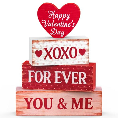 OLANRUN Valentines Day Decorations - 4 Pack Wooden Block Heart Set Signs Valentines Day Table Decor - 7.8 Inch Valentine's Decorations for Home Office Bedroom Tiered Tray Fireplace Mantel - style: Valentines - Love Heart
