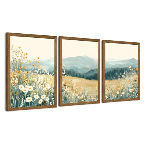 AVECCO 3 Pieces Wildflower Meadow Mountain Framed Canvas Wall Art 12x16 in - color: Mountain flowers, size: 16"L x 12"W