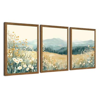 AVECCO 3 Pieces Wildflower Meadow Mountain Framed Canvas Wall Art 12x16 in - color: Mountain flowers, size: 16"L x 12"W