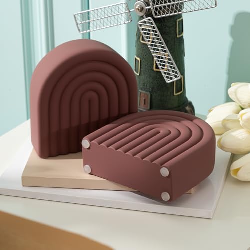 Brown 2 Pcs Boho Arch Concrete Bookends for Shelves, Rainbow - color: Brown, style: Rainbow