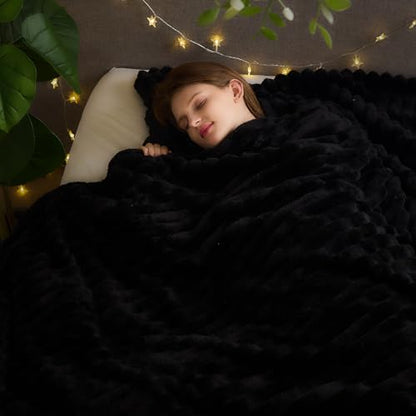 NEWCOSPLAY Fleece Ribbed Cozy Queen Blanket for Couch, Black, 90"x90" - color: Black Ribbed, size: Queen(90"x90")