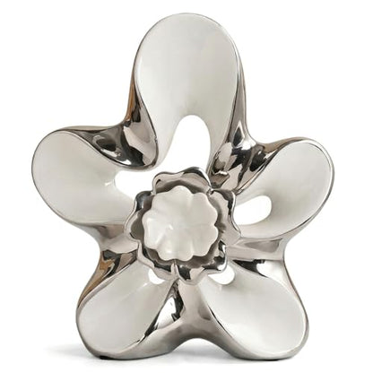 Ceramic Statue Home Decor Aesthetic Abstract Flower Sculpture - color: White and Silver
