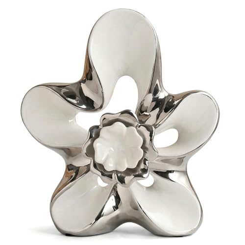 Ceramic Statue Home Decor Aesthetic Abstract Flower Sculpture - color: White and Silver