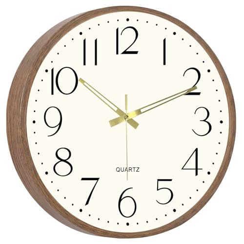 14 Inch Wall Clock, Silent Analog Clock Battery Operated - color: Brown Wood Grain, size: 14In