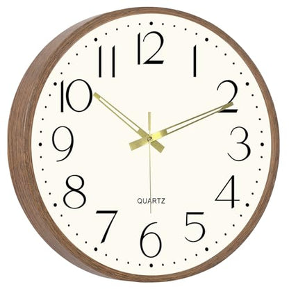 14 Inch Wall Clock, Silent Analog Clock Battery Operated - color: Brown Wood Grain, size: 14In