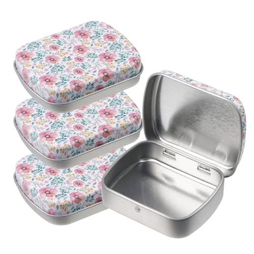 4pcs Red Floral Pattern Empty Hinged Tin Box Metal Tins Storage Box - color: Red Flower