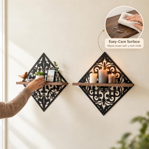 2PCS Decorative Wall Shelves, Metal & Wood Floating Shelves for Room Decor