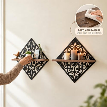 2PCS Decorative Wall Shelves, Metal & Wood Floating Shelves for Room Decor
