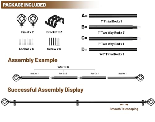 KAMANINA Black Curtain Rods for Windows 48 to 84 Inch, Single Drapery Rods - color: Black, size: 48-84"