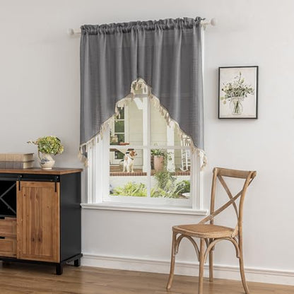 Beda Home Tassel Linen Textured Swag Curtain Valance, Grey, 36 x 45 in - color: Grey, size: 36"W x 45"L (Pack of 1)