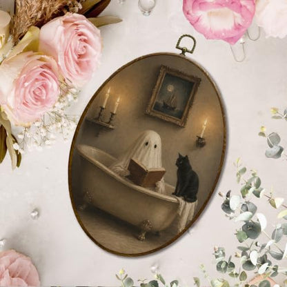 JQF Halloween Ghost Black Cat Bathroom Oval Wall Decor Framed 8.5x11.5 Inch - color: ghost bathroom-1