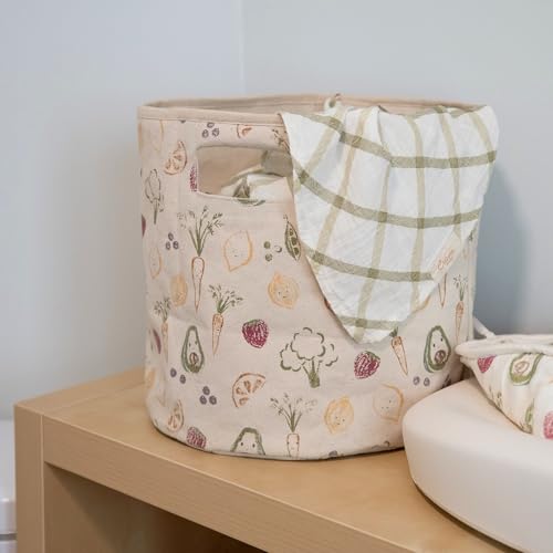 Crane Baby Clementine Canvas Storage Bin, Nursery Hamper and Baby Storage Basket for Toys, Clothes, and Diapers, Toy Baskets, Fabric Nursery Basket, Garden Fruits and Veggies Print, 13" x 12" - size: 13 x 12 Inches, style: Fruits & Veggies