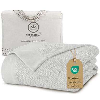 Threadmill Luxury 100% Cotton Queen Herringbone Blanket, Tusk White - color: Tusk White, size: Queen (90" x 92")