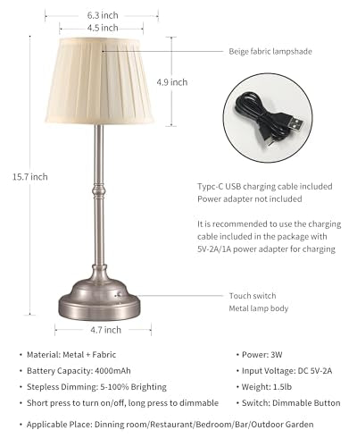 KDG Nickel Cordless LED Table Lamps Set of 2, Beige Fabric Shade Desk Lamps - color: Nickel + Beige Lampshade (2 Pack)