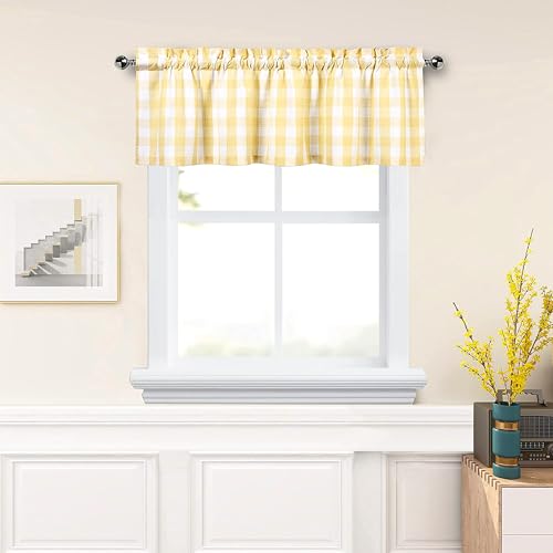 Amzdecor Yellow White Buffalo Plaid Valance Semi Sheer Cafe Curtain 55"x15" - color: Yellow/White
