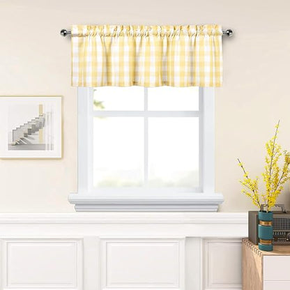 Amzdecor Yellow White Buffalo Plaid Valance Semi Sheer Cafe Curtain 55"x15" - color: Yellow/White