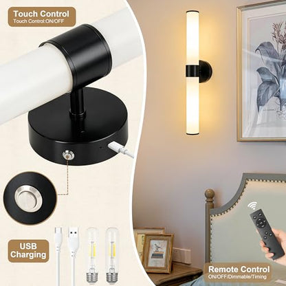 Black Battery Operated Wall Sconces Set of 2 with White Glass Lamp Shade - color: Black（White Glass）