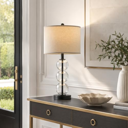 Oneach 25" Glass Table Lamps Set of 2, Black Modern Table Lamps with USB Ports for Living Room, Linen Shade Bedside Lamps for Bedroom, Nightstand, Side Table (Bulbs not Included) - color: Black