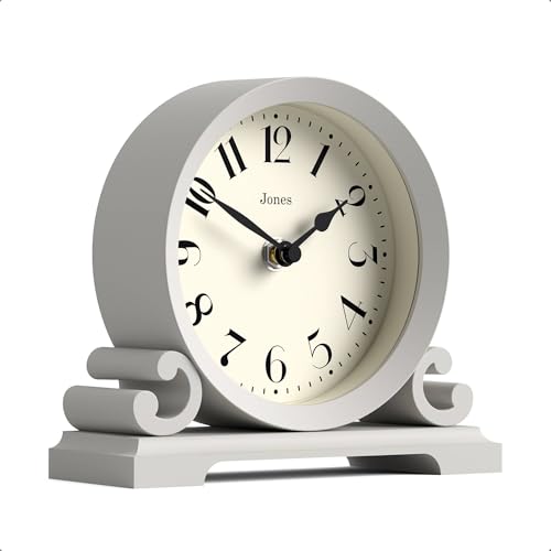 JONES CLOCKS® Saloon Mantel Clock | Small Traditional Double Scroll Design | Gray | Contemporary Classic Style for Desk, Table, Shelf or Bedside - color: Cloud Grey