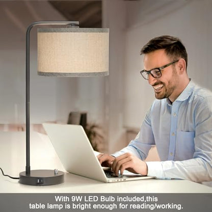 Gray Bedside Lamp with USB C+A Ports, Fully Dimmable Modern Nightstand Lamp - color: Metal Gray Base with Gray Shade