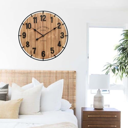 EMAX HOME Large Old Town Farmhouse Wall Clock 24 Inch Rustic Antique Wood with Metal Circle and Large Numerals Silent Battery Operated Wall Clock for Office Kitchen Bedroom Living Room - color: Brown, size: 24 Inch