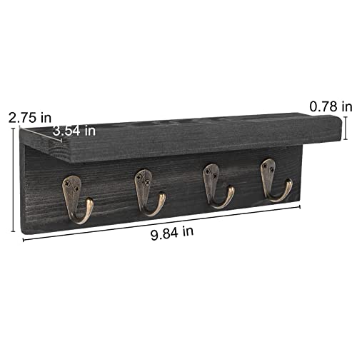 Key Holder Wall Mount, Farmhouse Wall Shelf with 4 Hooks for Entryway - color: Black - Pine