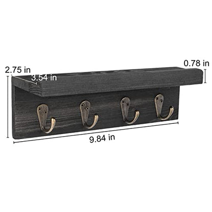 Key Holder Wall Mount, Farmhouse Wall Shelf with 4 Hooks for Entryway - color: Black - Pine