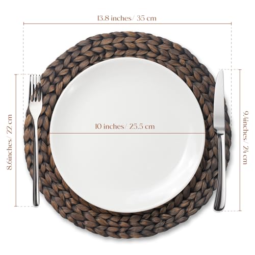 6 Pack, Round Woven Placemats, Natural Water Hyacinth Wicker Place mats, Braided Straw Table Mats for Dining Table, Fall, Halloween, Thanksgiving, Christmas, Black (13.8 inch) - color: Black (Set of 6)