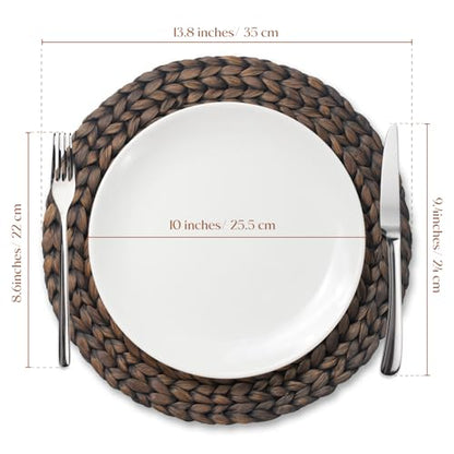 6 Pack, Round Woven Placemats, Natural Water Hyacinth Wicker Place mats, Braided Straw Table Mats for Dining Table, Fall, Halloween, Thanksgiving, Christmas, Black (13.8 inch) - color: Black (Set of 6)