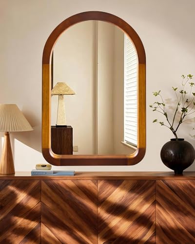 Arched Wood 24 x 36 Inch Bathroom Mirror for Wall with Walnut Frame - size: 36"L x 24"W
