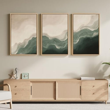 Large Framed Green and Beige Abstract Wall Art, 3 Piece Set, Each 20x30 In - color: Serene Tides, size: 20" W x 30" H x 3pcs