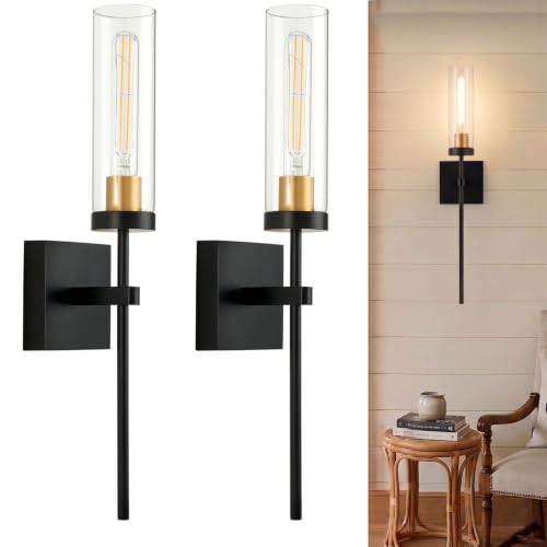 SANTOSTOCK Battery Operated Wall Sconce Set of 2, Black & Gold Wireless Sconces Wall Decor, Rechargeable Wall Lights for Bedroom Living Room Entryway Bathroom Hallway Stairwell - color: Black Long Rod & Clear Glass, size: Battery 16 Inch