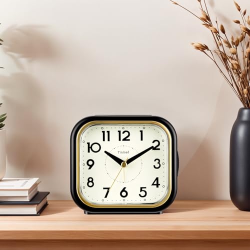Tinload 4.3" Vintage Retro Analog Alarm Clock, Super Silent Non Ticking Clock with Manual Light, Snooze, Battery Operated, Simply Design, for Living Room, Bedroom, Bedside, Desk(Black-V2) - style: Black-Gold