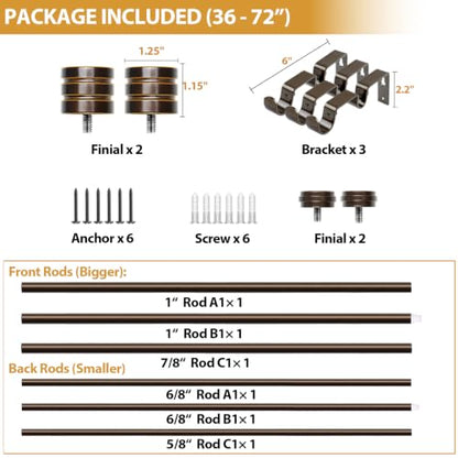 TONIAL 1 Inch Double Curtain Rods for Windows, 36 to 72 Inch, Bronze - color: Bronze, size: 36-72"
