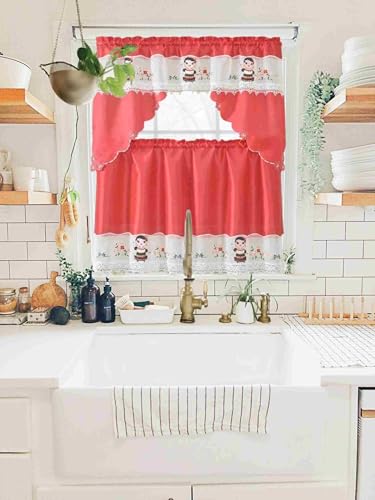 Generic 3-Piece Set Embroidered Window Curtain 2 Panels 1 Valance for Kitchen Restaurant Bar BR (Red BR-49) - color: Red Br-49