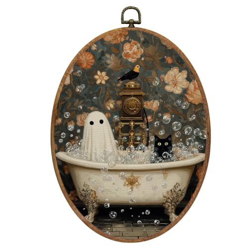 Mcehtle Halloween Bathroom Ghost Black Cat Wall Art Decor Framed 8.6x11.4 - color: Colour 32