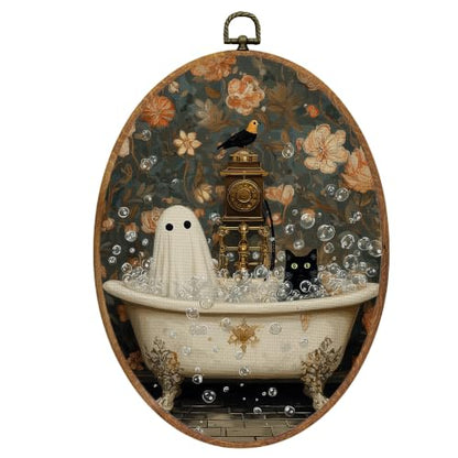 Mcehtle Halloween Bathroom Ghost Black Cat Wall Art Decor Framed 8.6x11.4 - color: Colour 32