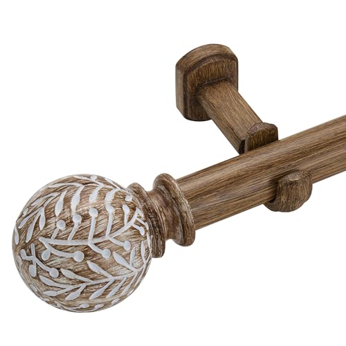 1-1/8 Inch Diameter Wood Curtain Rods for Windows 120 to 240 inch - Adjustable Seamless Aluminum Bracket - Heavy-Duty Boho Curtain Rods with Seaweed Finial - Dark Brown Wood Grain - color: Dark Brown Wood Grain, size: 120-240"