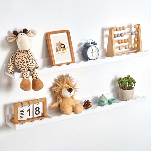 Fun Memories Picture Ledge Shelf for Wall, 36 inch Pine Wood Nursery Book Shelves Set of 2- Wall Book Shelves for Kids Room, Home Decor - Kitchen Spice-White - color: White, size: 36", Set of 2