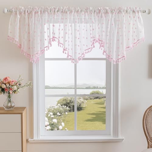 3 Pieces Boho Sheer Valances for Windows, Cute Pom Pom Rod Pocket Light Filtering Short Valance Curtains with Tassels for Nursery Kids Bedroom Bathroom Cafe (Pink A,55"x24") - color: Pink a