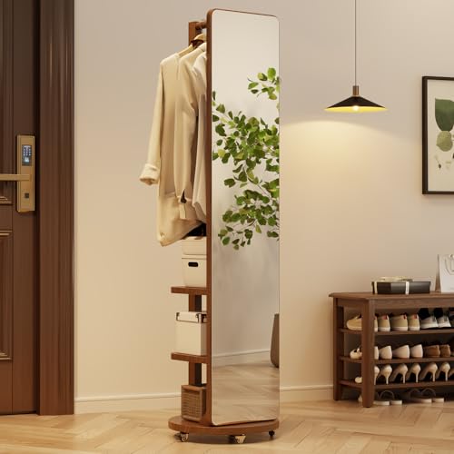 WoodsWhisper Full Length Mirror Coat Rack Solid Wood Floor Mirror 66"x12" Full Length Mirror with Stand Long Mirrors for Bedroom,Living Room (Walnut-Mobile, 66" Lx12 W) - color: Walnut-mobile, size: 66"Lx12"W