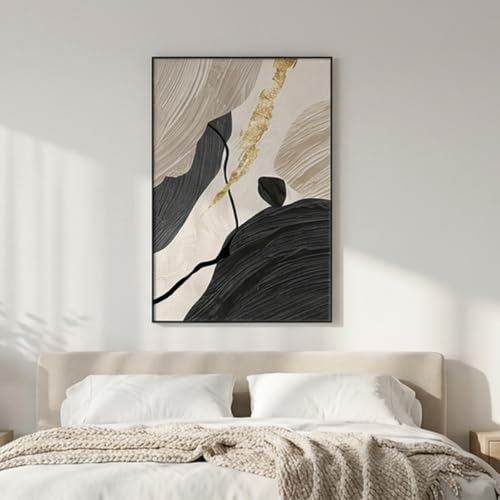 QKF Gold Geometric 3D Texture Black Aluminum Frame Canvas Wall Art - color: Beige & Black with Gold Accent
