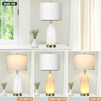 Rinweey 26" Modern Clear Glass Table Lamps Set of 2,Nightstand Lamp with USB A+C Ports & AC Outlet,Bedside Lamps with 3-Way Dimmable Touch Control Night Light for Bedroom Living Room(Bulbs Included) - color: White