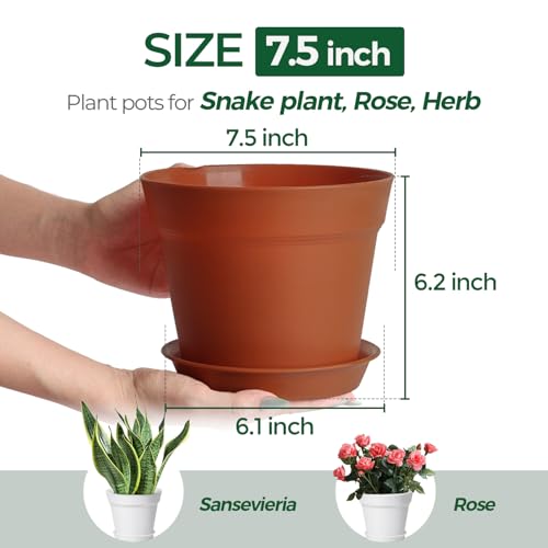 T4U Plant Pots 7.5 Inch 6 Pack, Plastic Flower Pots Indoor Drainage - color: Terracotta, size: 7.5 inch