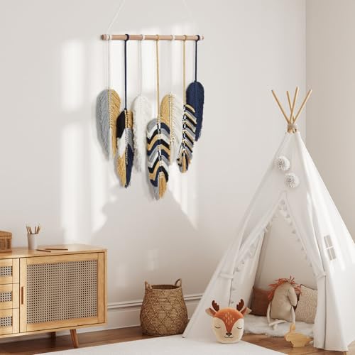Betylifoy Macrame Wall Hanging Tapestry Boho Leaf Feather Wall Decor - color: Blue Yellow