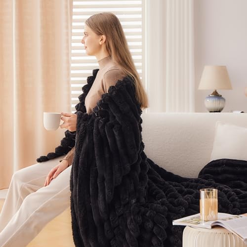 NEWCOSPLAY Fleece Ribbed Cozy Twin Blanket for Couch, Black, 60"x80" - color: Black Ribbed, size: Twin(60"x80")