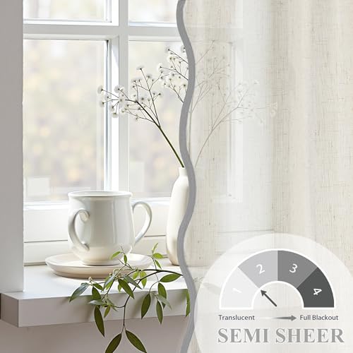 DriftAway Semi Sheer Scalloped Edge Linen Coastal Beach Window Curtains for Living Room Bedroom 2 Panels Rod Pocket Each Size 52 Inch by 84 Inch Gray - color: Linen Gray, size: 52"W x 84"L (Pack of 2)