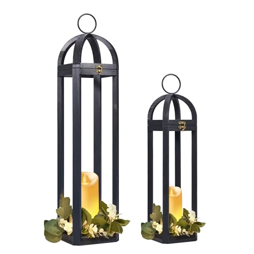 HPC Decor Large Rustic Farmhouse Lantern Decor Set of 2, Tall 30“ Vintage Wooden Lanterns (Black)